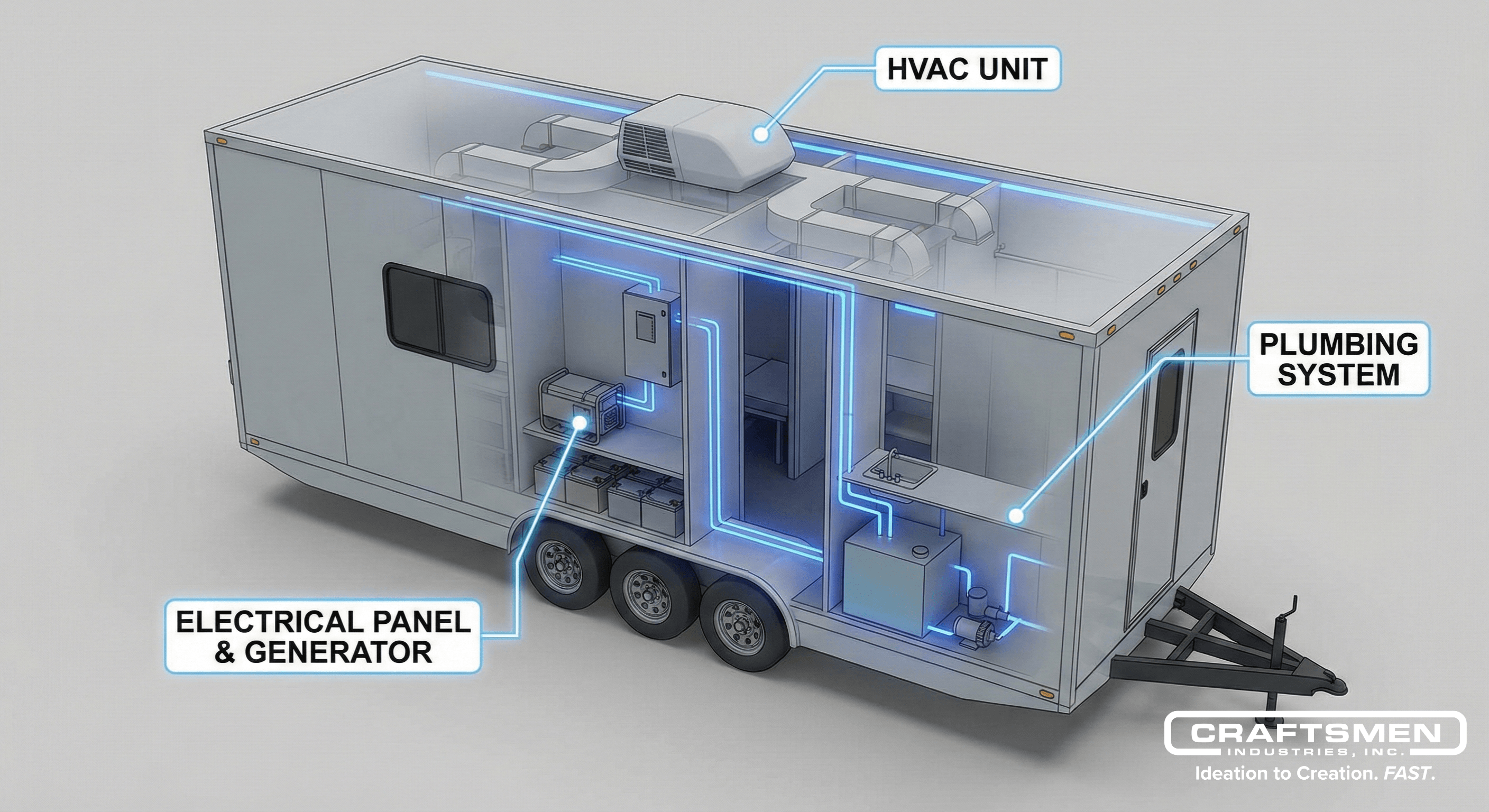 Interior cutaway of a medical trailer showing HVAC, electrical, and plumbing systems.